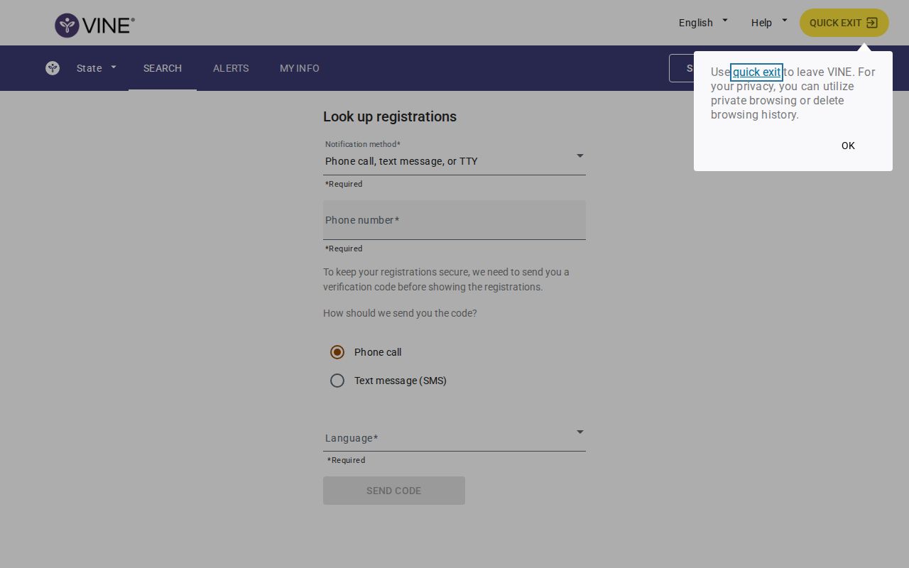 VINELink registration screen for Worth County custody alerts