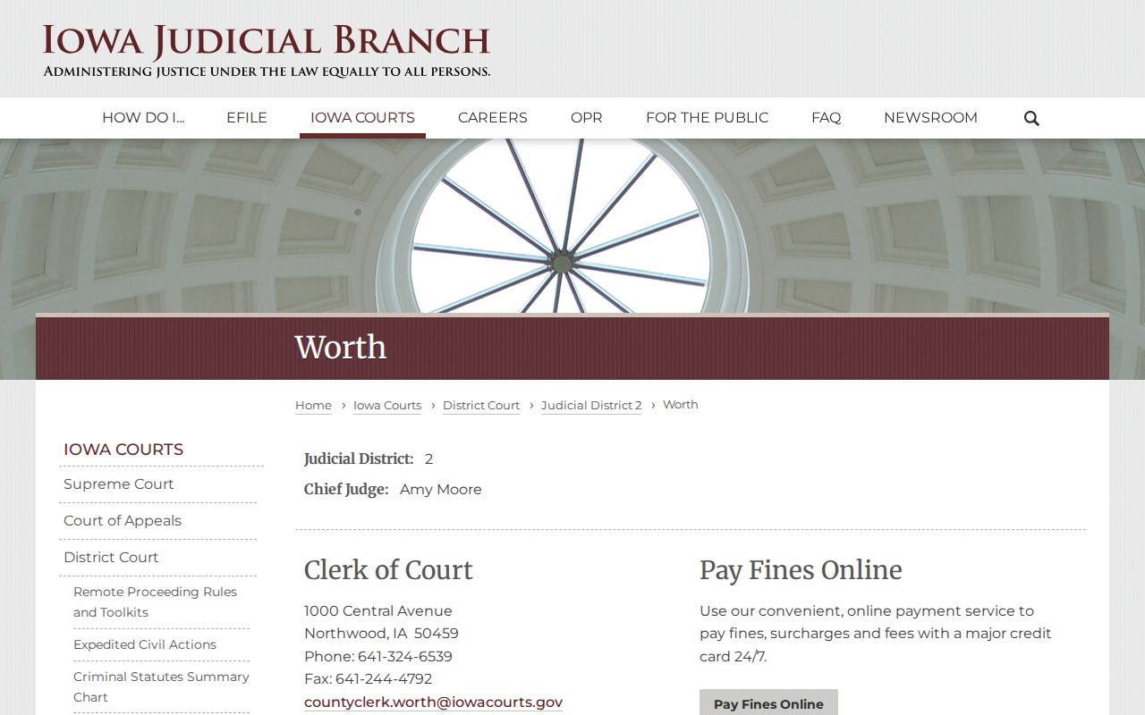Iowa Judicial Branch Worth County court contact page