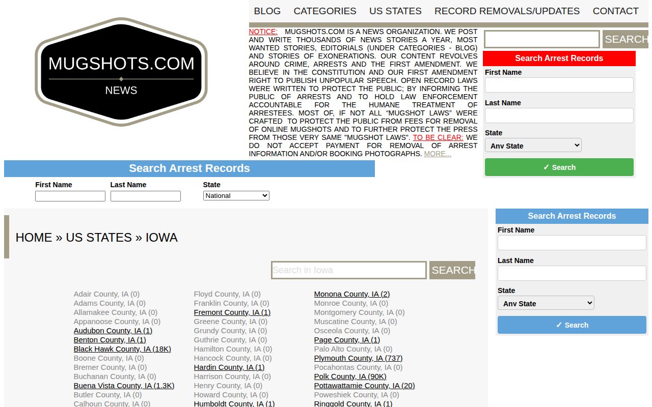 Unofficial Iowa index showing limited Worth County arrest coverage