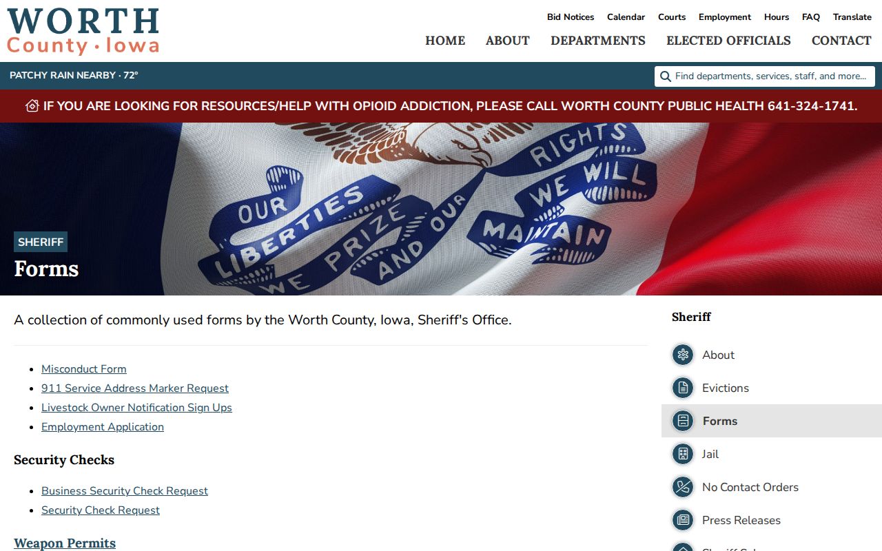 Worth County Sheriff forms page without a dedicated booking photo request form